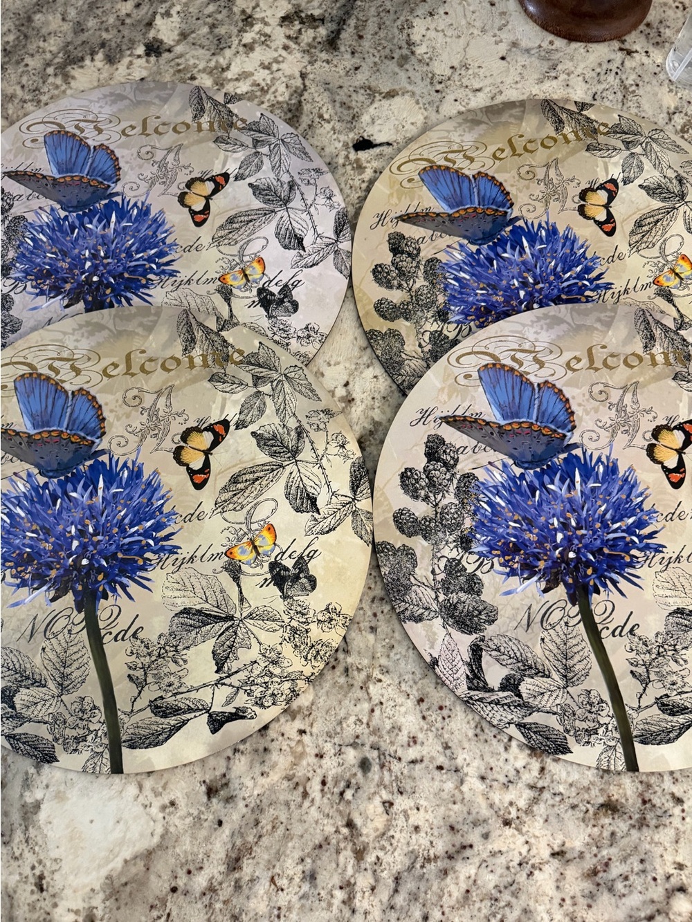 Set of 4 Round Blue Floral Butterfly Cork Backed Placemats 13.5”